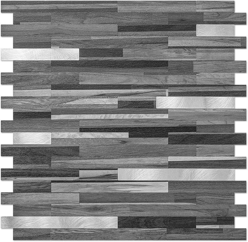 DICOFUN Peel and Stick Backsplash Tiles, Black & Grey Wood Look PVC Mixed Metal Stick on Backsplash Tiles, 1 Sheet - Image 1